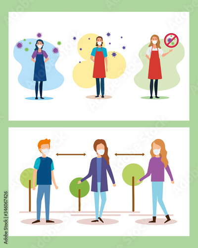 people using face mask and social distancing for covid19 vector illustration design