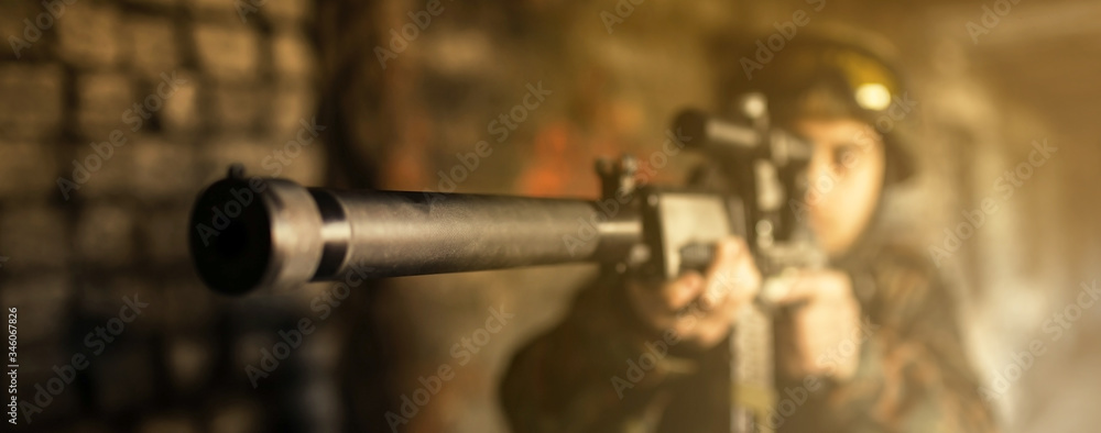 Fototapeta premium Soldier in the war to aim with weapons