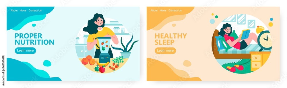 Woman make berry and fruit smoothie in blender. Young girl read book in her bed at home. Healthy lifestyle concept illustration. Vector web site design template. Landing page website illustration Woman make berry and fruit smoothie in blender. Young girl read book in her bed at home. Healthy lifestyle concept illustration. Vector web site design template. Landing page website illustration