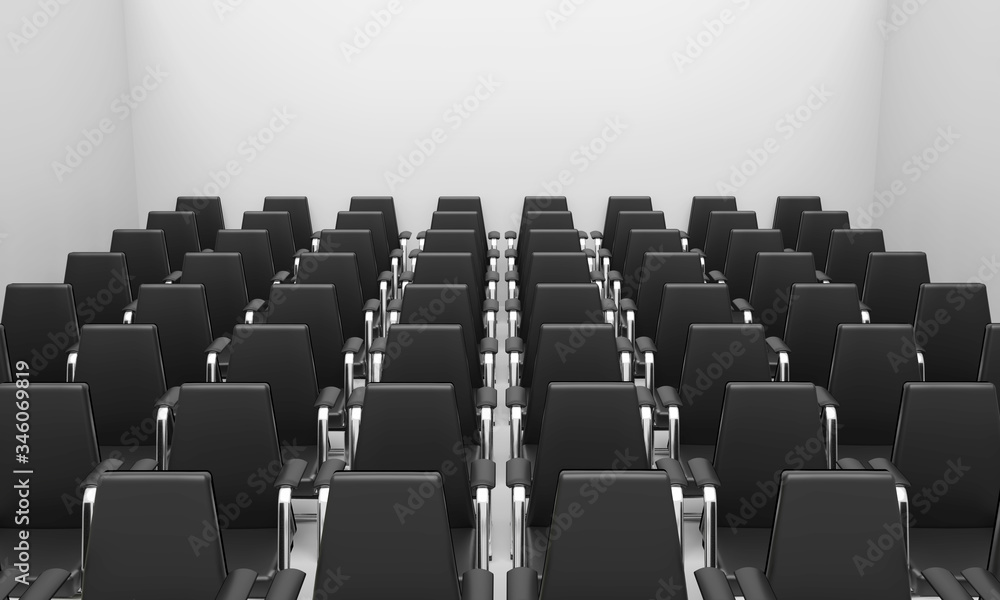 Many rows of black armchairs stand into the grey hall. 3D illustration Many rows of black armchairs stand into the grey hall. 3D illustration