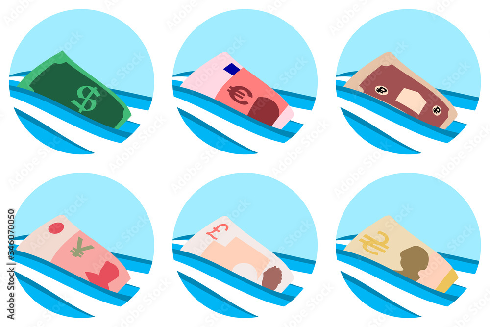 World currency. Banknotes are sinking in the ocean. Money floats on the waves.