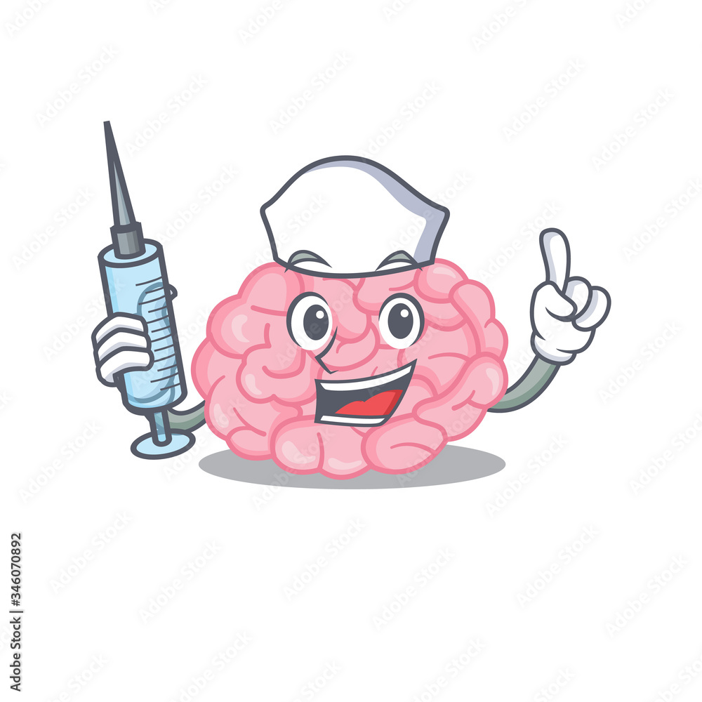 A nice nurse of human brain mascot design concept with a syringe A nice nurse of human brain mascot design concept with a syringe