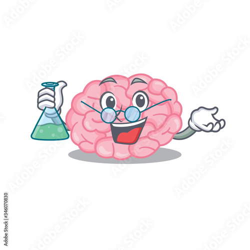 Human brain smart Professor Cartoon design style working with glass tube