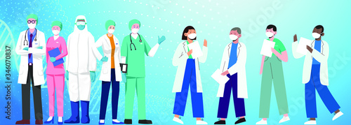 Set of doctors characters in the white medical face mask. Medical team, doctor, nurse, therapist, surgeon, and  professional hospital workers. Group of medics.Frontline heroes. Vector Illustration