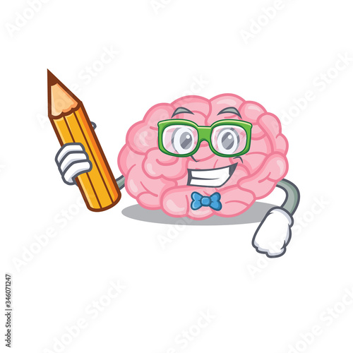 A brainy student human brain cartoon character with pencil and glasses