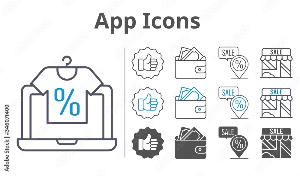 app icons icon set included online shop, wallet, shop, like, placeholder icons app icons icon set included online shop, wallet, shop, like, placeholder icons