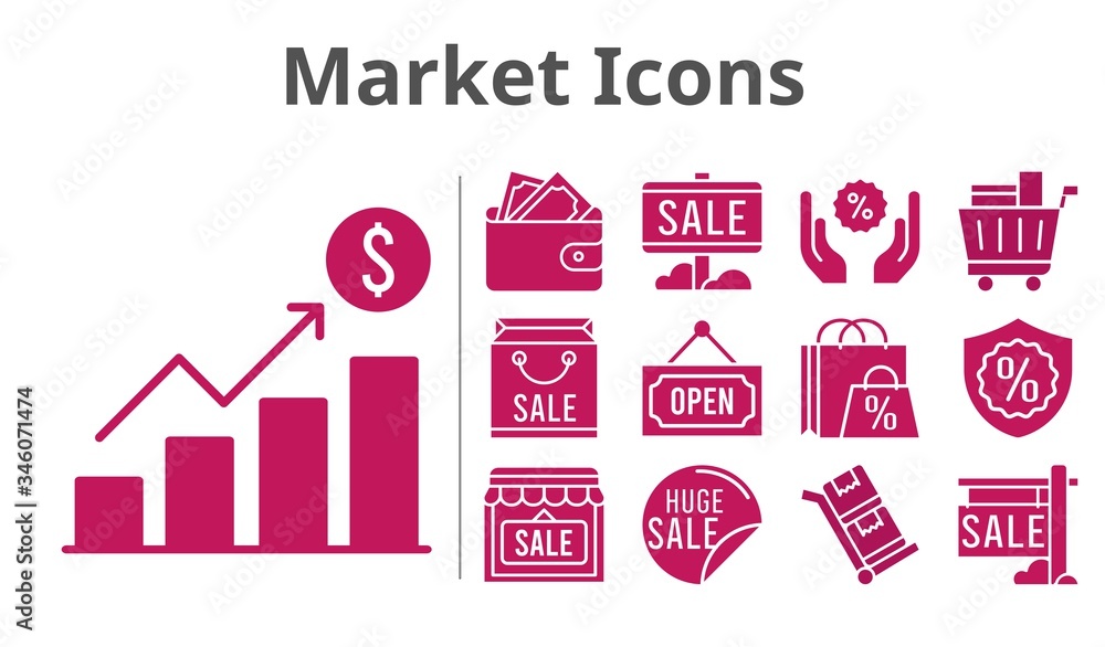 market icons set. included profits, shopping bag, sale, wallet, shop, shopping cart, discount, warranty, open, trolley icons. filled styles.
