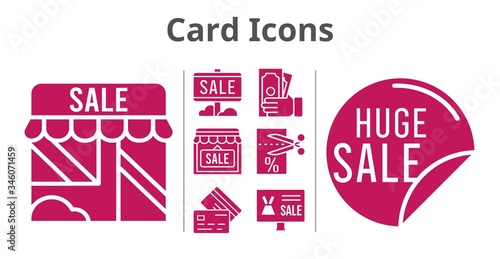 card icons set. included online shop, sale, shop, money, voucher, credit card icons. filled styles.