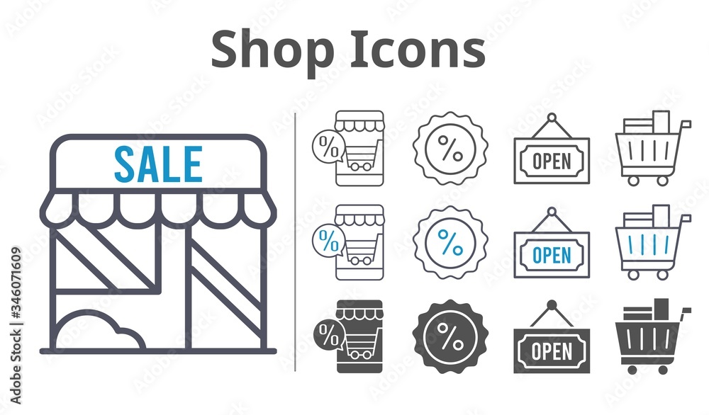 shop icons icon set included online shop, shop, shopping cart, discount, open icons