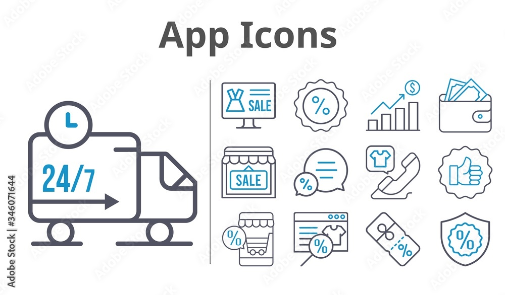 app icons set. included online shop, profits, wallet, shop, like, chat, discount, warranty, phone call, delivery truck icons. bicolor styles. app icons set. included online shop, profits, wallet, shop, like, chat, discount, warranty, phone call, delivery truck icons. bicolor styles.