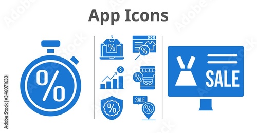 app icons set. included online shop, profits, warranty, placeholder, stopwatch icons. filled styles.