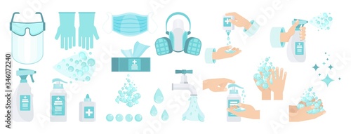 Set of Antiseptic for disinfection. Hand hygiene. Hand washing with soap.