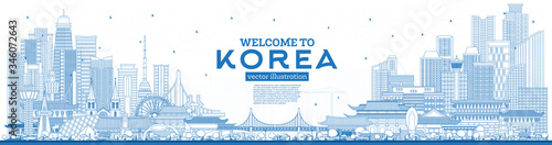 Outline Welcome to South Korea City Skyline with Blue Buildings.