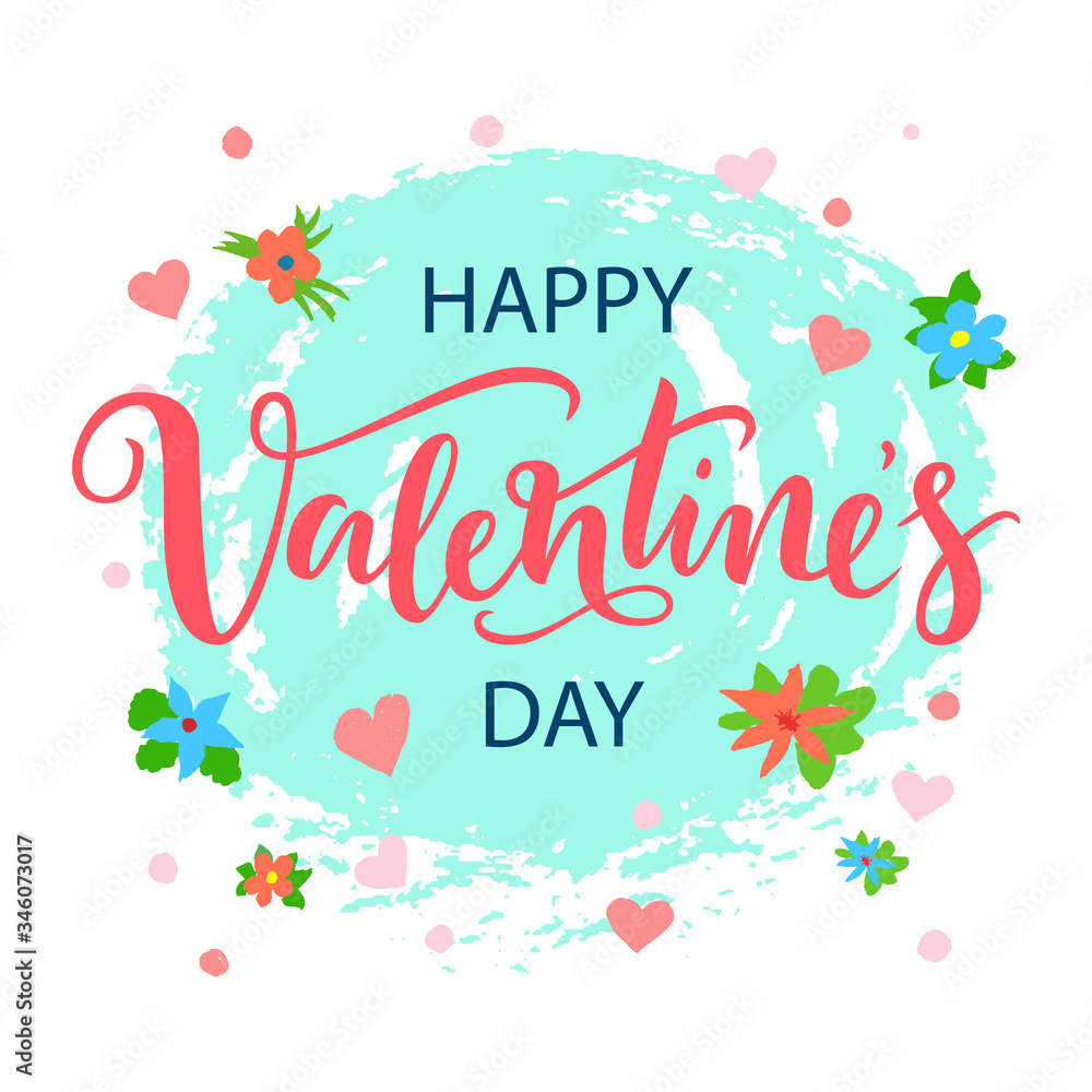 Card design for the Valentines day. Hand drawn lettering happy Valentines day with abstract cyan spot and pink watercolor heart background. Vector illustration for post, banner or print.