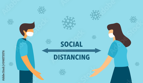 Man and woman wearing medical mask and keep social distancing to prevent from Covid19 Coronavirus spreading and flu disease. Social isolation and self quarantine concept vector illustration.