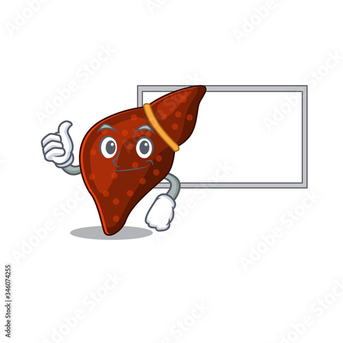 Humorous human cirrhosis liver cartoon design Thumbs up bring a white board
