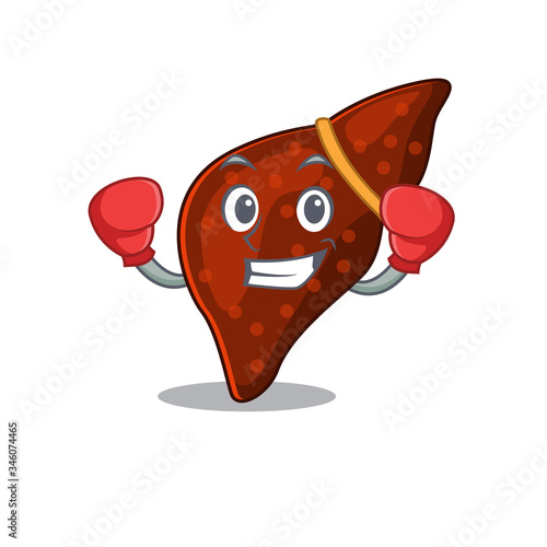 A sporty boxing athlete mascot design of human cirrhosis liver with red boxing gloves