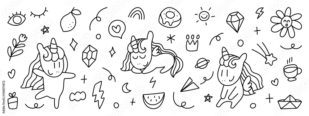 Cute doodle design vector set. Unicorn and diamond, crown, rocket, sun and star hand drown vector illustration.