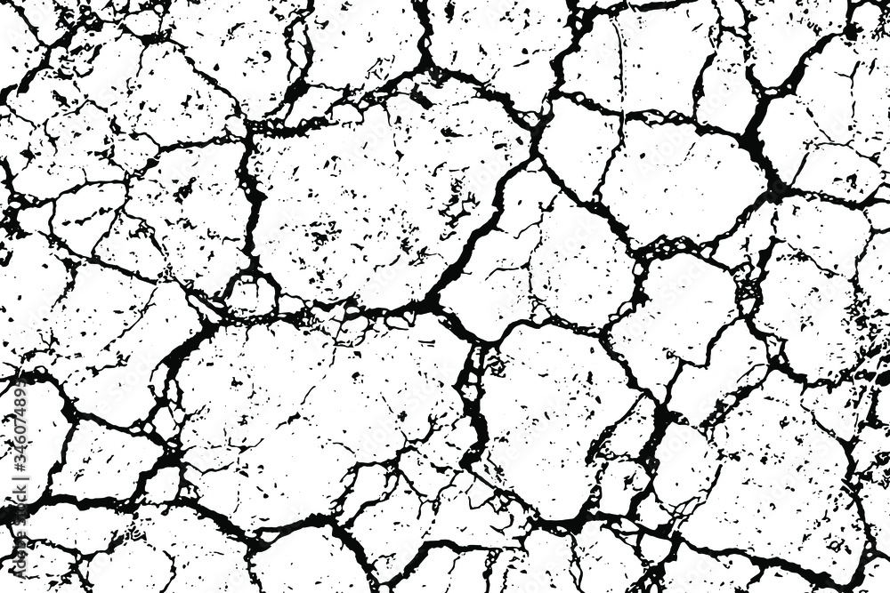 Grunge texture of cracked soil. Monochrome background of soil drought with cracks, spots, noise and grit. Overlay template. Vector illustration