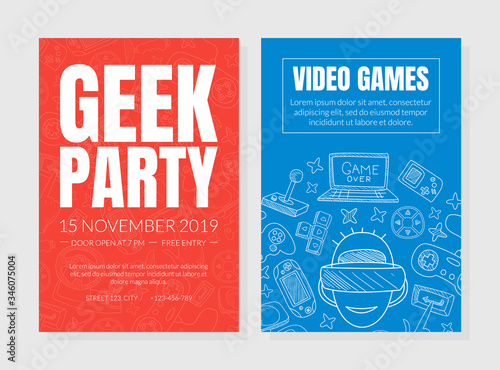 Invitation to a geek party with a pattern from the contours of computer and gaming equipment. Vector illustration.
