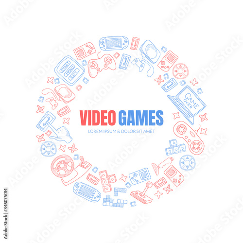 Wreath from the contours of computer and gaming equipment. Vector illustration.