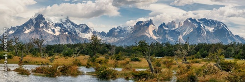 Amazing view to the Los Cuernos mountains in Chile. Torres del Paine National Park  Patagonia.
