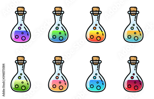 Set of magic potion bottle icon game assets. Bottle jars with colorful brew cute Halloween symbols. collection of flat style alchemy pictograms for web, mobile and infographics