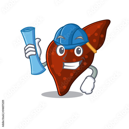 Cartoon character of human cirrhosis liver brainy Architect with blue prints and blue helmet