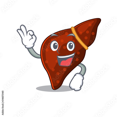 Human cirrhosis liver mascot design style with an Okay gesture finger