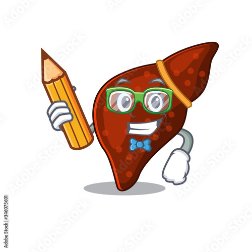 A brainy student human cirrhosis liver cartoon character with pencil and glasses