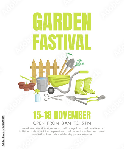 Composition of garden tools and lettering. Vector illustration.