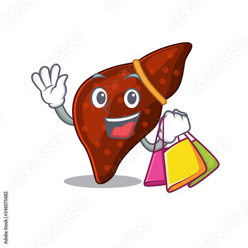 Rich and famous human cirrhosis liver cartoon character holding shopping bags