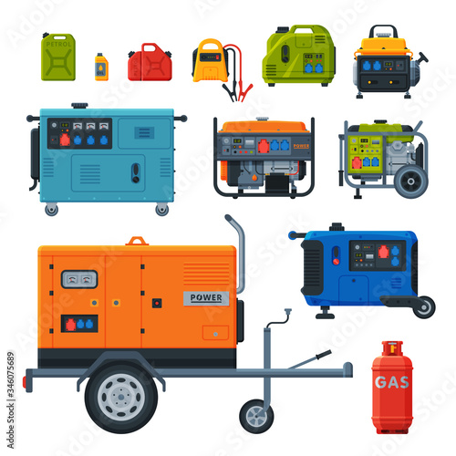 Different Types of Industrial Power Generators Set, Propane Gas Cylinder, Fuel Jerrycans Vector Illustration