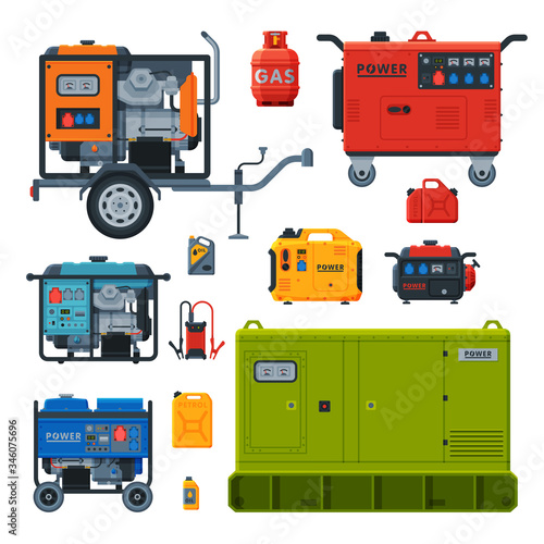 Different Types of Industrial Power Generators Set, Propane Gas Cylinder, Fuel Jerrycan, Electrical Engine Equipment Vector Illustration