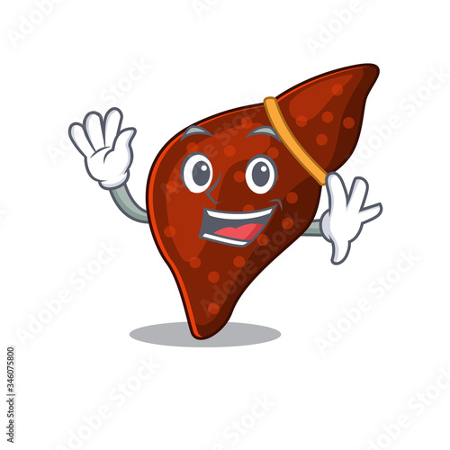 A charismatic human cirrhosis liver mascot design style smiling and waving hand