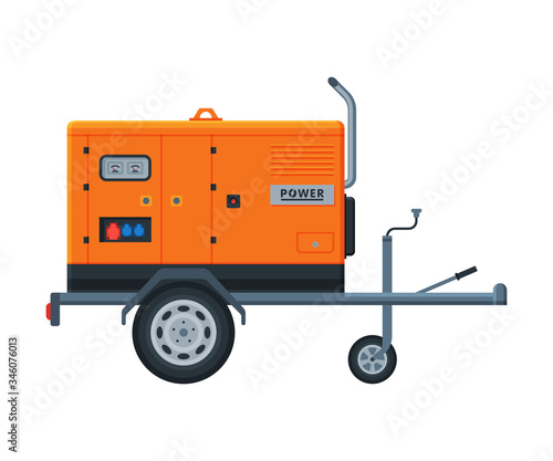 Orange Portable Power Generator on Wheels, Diesel Electrical Engine Equipment Vector Illustration