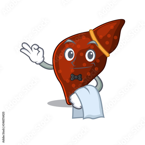 A cartoon character of human cirrhosis liver waiter working in the restaurant