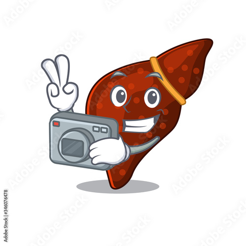 Human cirrhosis liver mascot design as a professional photographer working with camera