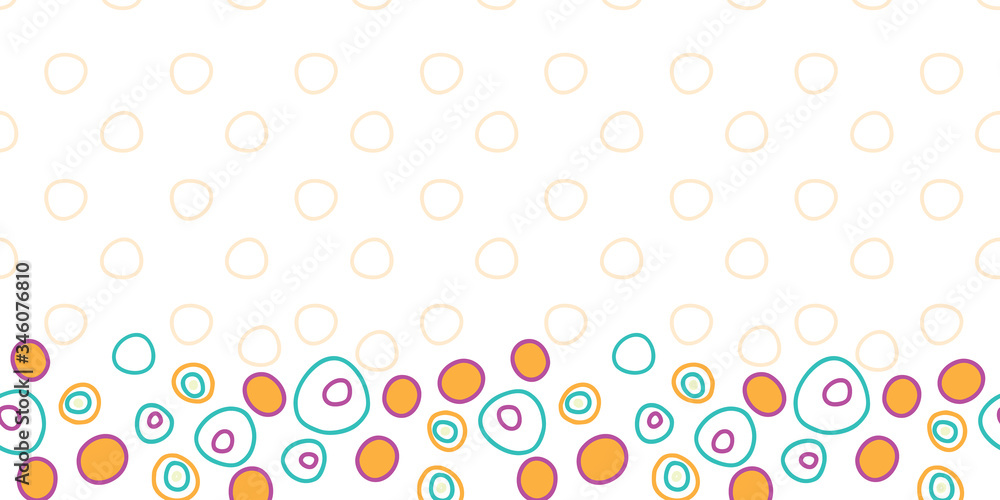 bouncing Bubbles border, bright fun dots in circles on white background with pale orange design behind seamless repeat vector pattern surface