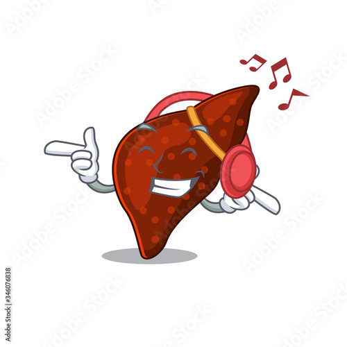 Human cirrhosis liver Cartoon design concept listening music