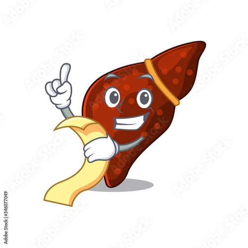 Human cirrhosis liver mascot character design with a menu on his hand