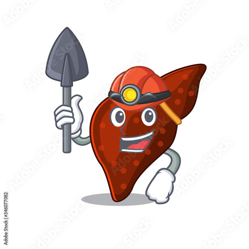 Human cirrhosis liver miner cartoon design concept with tool and helmet