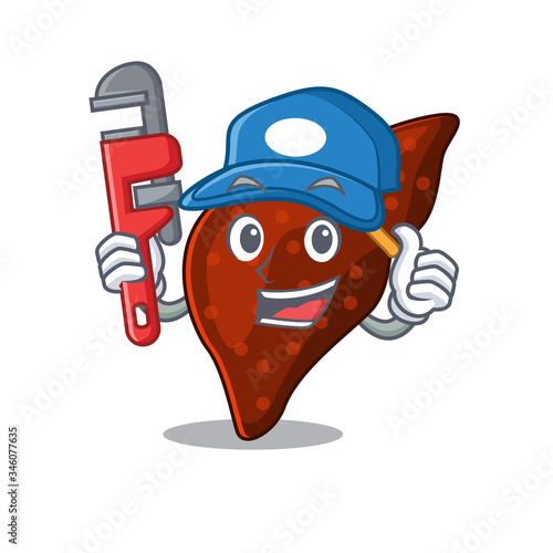 Human cirrhosis liver Smart Plumber cartoon character design with tool