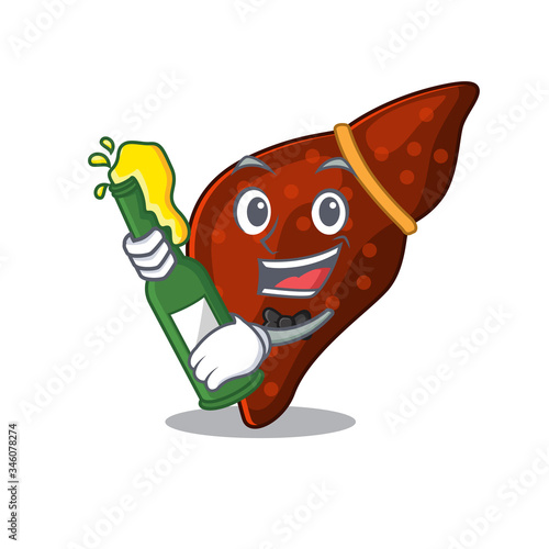 Mascot character design of human cirrhosis liver say cheers with bottle of beer