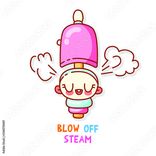 A cute steam whistle with rosy cheeks and eyes closed. Colorful inscription blow off steam. Vector isolated sticker to decorate your diary. Character for games, mobile apps or blog.