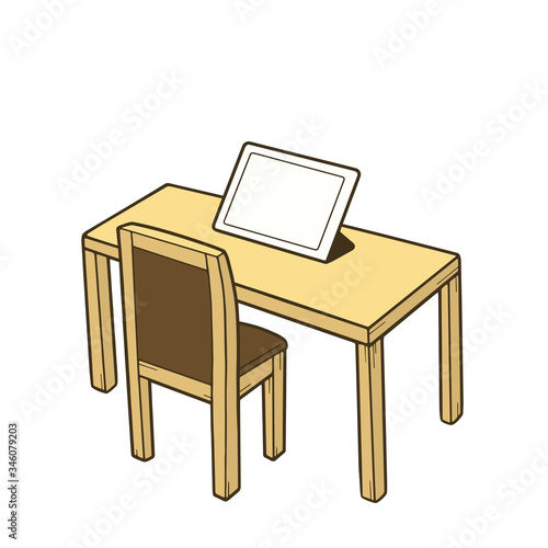 タブレットが置いてあるデスクとイスのイラスト
