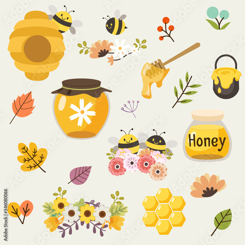 The collection of cute bee and honey and flower and leaf in the pack in flat vector style. Graphic resource about bee
for background, graphic,content , banner, sticker and greeting card.
