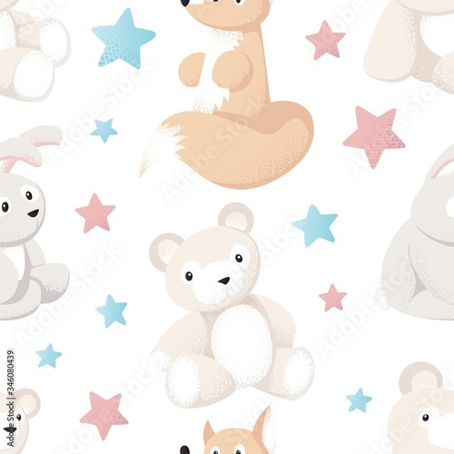 Seamless pattern with forest animals toys on white for baby products