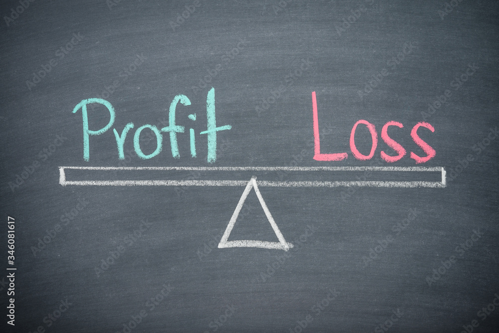 Text word profit and loss balance on seesaw drawing writing on chalkboard or blackboard background. Concept of profit and loss analysis in business, financial and investment. Real photo. Text word profit and loss balance on seesaw drawing writing on chalkboard or blackboard background. Concept of profit and loss analysis in business, financial and investment. Real photo.