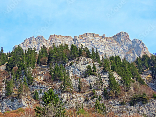 Alpine peak Brisi in the Churfirsten mountain range, between the Obertoggenburg region and Lake Walensee, Walenstadtberg - Canton of St. Gallen, Switzerland (Kanton St. Gallen, Schweiz) photo